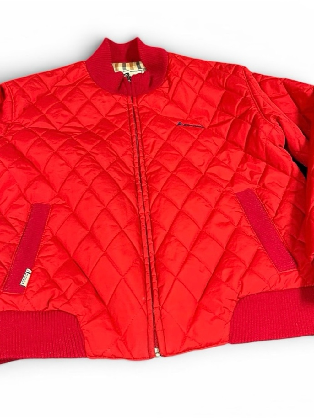 Aquascutum Red Quilted Bomber Jacket, Plaid Lining,  Size M